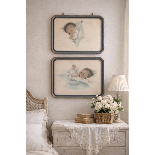 French Country Set of Two Antique 1920s Bessie Pease Gutmann Baby Prints in Original Frames For Sale - Image 3 of 12