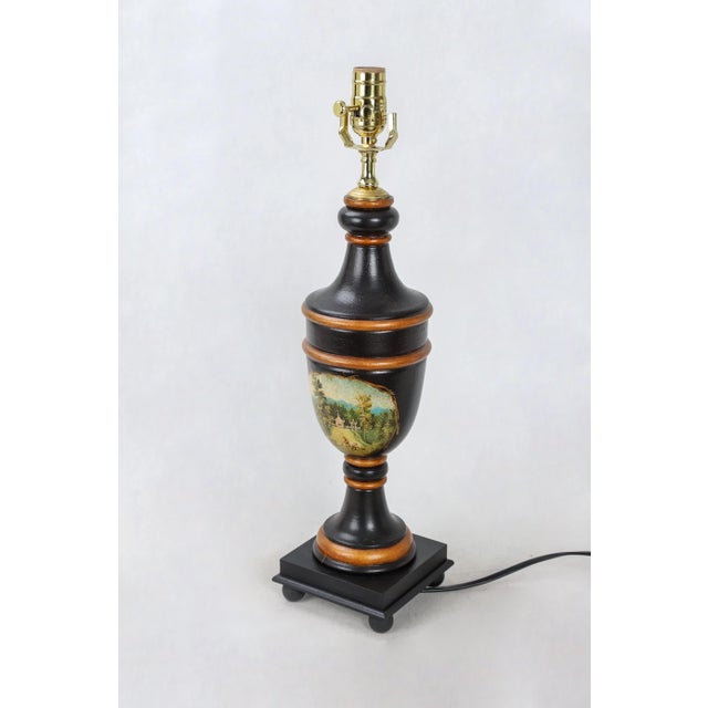 Vintage Black and Gold Color Trophy Lamp With Painted Scene For Sale - Image 4 of 8