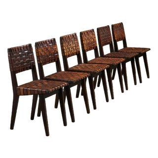 Chairs in Cognac Leather and Stained Oak from Jens Risom, United States, 1940s, Set of 6 For Sale