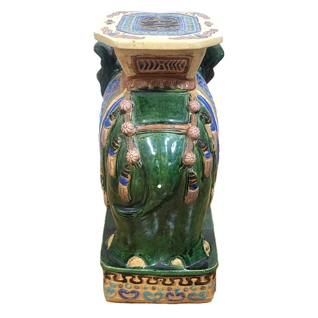 Pair Vintage Chinese Asian Glazed Terracotta Elephant Garden Stool Table Benches For Sale - Image 10 of 18
