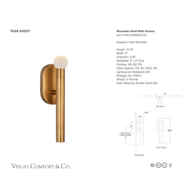 Modern Kelly Wearstler for Visual Comfort Signature Rousseau Small Bath Sconce in Antique-Burnished Brass with Etched Crystal Orb For Sale - Image 3 of 4