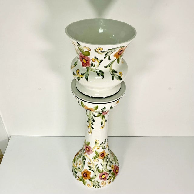 Vintage Portuguese Mediterranean Hollywood Regency Ceramic Planter & Stand - 2 Piece Set. For Sale - Image 13 of 13
