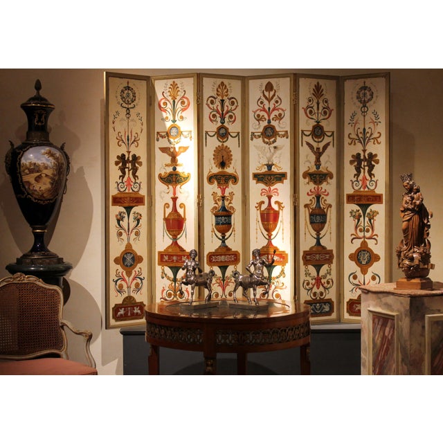 19th Century Italian Six-Panel Painted Wood Folding Screen in Gilt Bronze Frame For Sale - Image 10 of 16