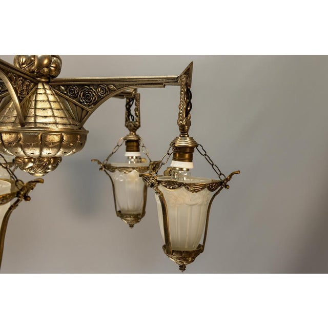 Art Deco Bronze and Frosted White Glass Five-Light Chandelier, France, 1925 For Sale - Image 11 of 18