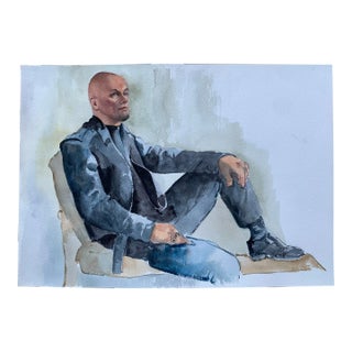1980s Original Watercolor of Reclining Man in Leather For Sale