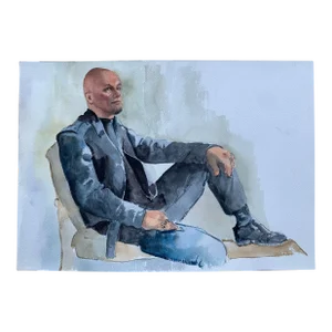 1980s Original Watercolor of Reclining Man in Leather