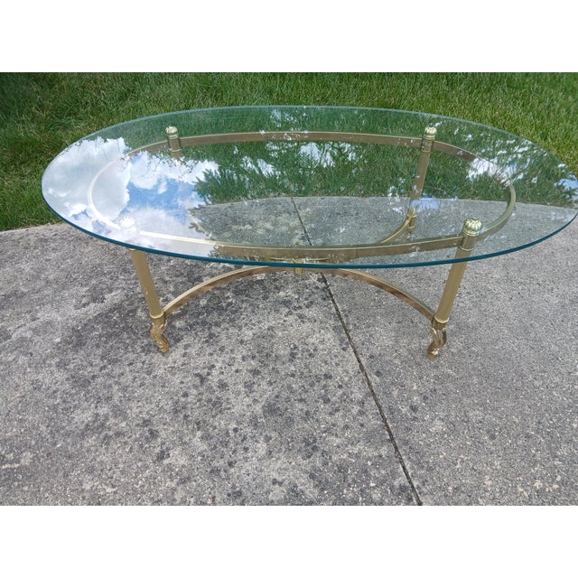 1980s Vintage Ethan Allen Oval Brass Glass Coffee Table For Sale - Image 5 of 11