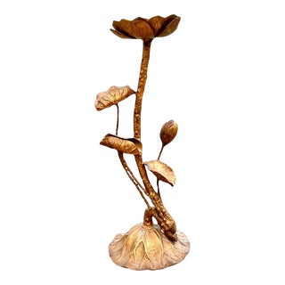 1960s Tall Brutalist Lotus Brass Candle Holder For Sale