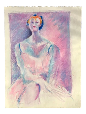 Vintage Pink and Purple Pastel Sketch of a Woman