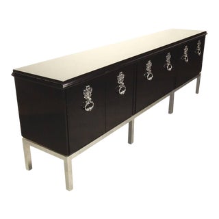 Hollywood Regency Black Lacquer Credenza Cabinet, Giant Pulls and 8 Feet Long! For Sale