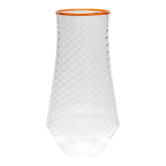Celerie Kemble Glassware for Chairish Twist Vase in Fjord with Reddish Orange Rim For Sale