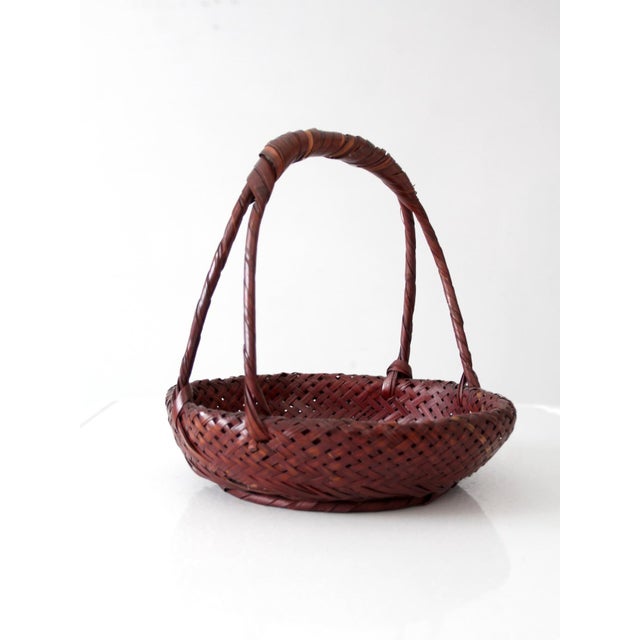Vintage Hand-Woven Bamboo Basket With Wrapped Handle For Sale - Image 9 of 12