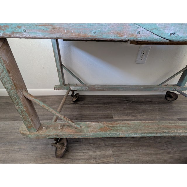Green Vintage Rustic Farmhouse Painted Rolling Shelf For Sale - Image 8 of 8