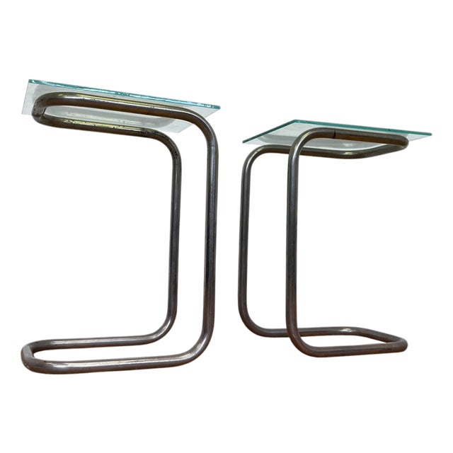 Bauhaus Tubular Steel Chrome Side Tables with Glass, 1930s, Set of 2 For Sale