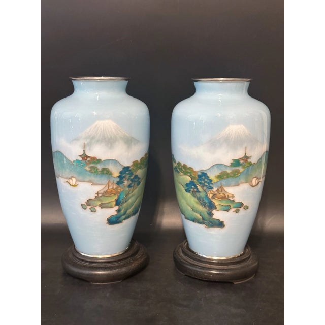Pair of 1920s Japanese Cloisonne Vase, Pale Blue Ground With Mt. Fuji Scene For Sale - Image 4 of 8