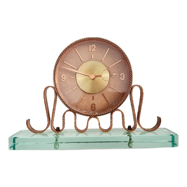 Mid-Century Italian Table Clock in Copper and Glass, Italy, 1950s For Sale