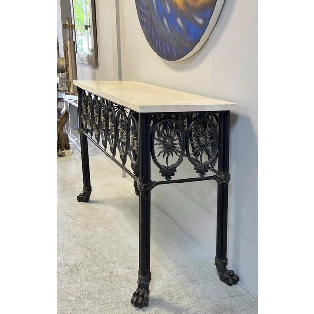 Metal 1990s Bronze & Travertine Paw Feet & Sun Design Console Table For Sale - Image 7 of 12