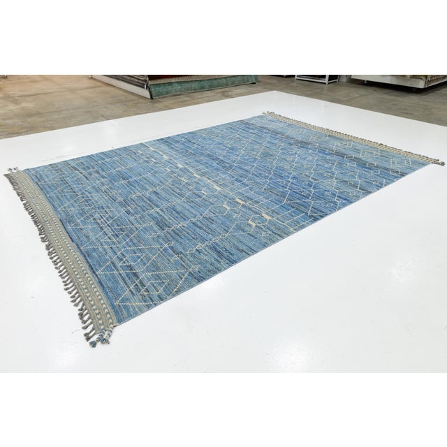 Modern Moroccan Style Wool Rug Handwoven Blue With Tribal Geometric Motifs For Sale - Image 4 of 10