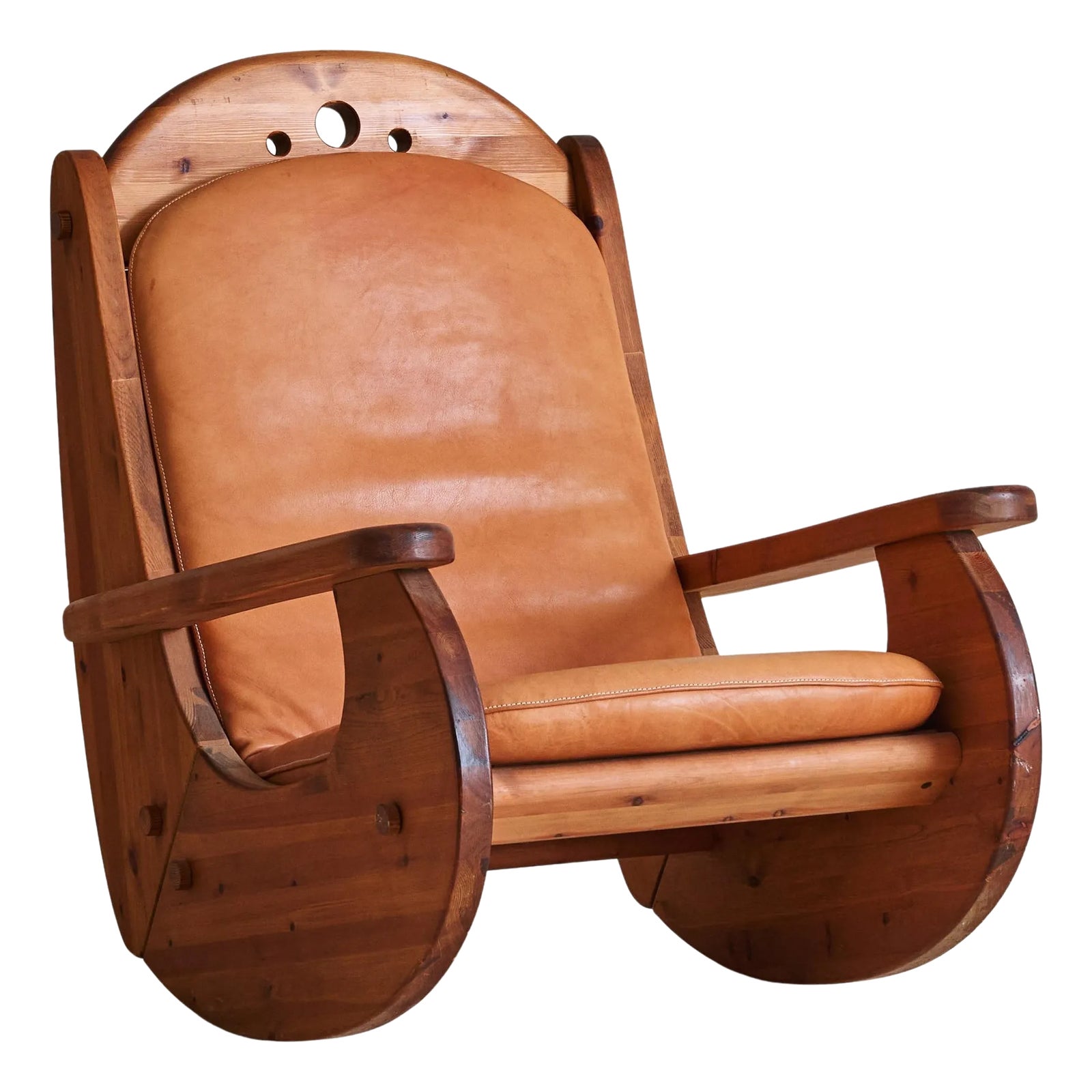 German Brutalist Rocking Chair in Pine + Cognac Leather Attributed to ...