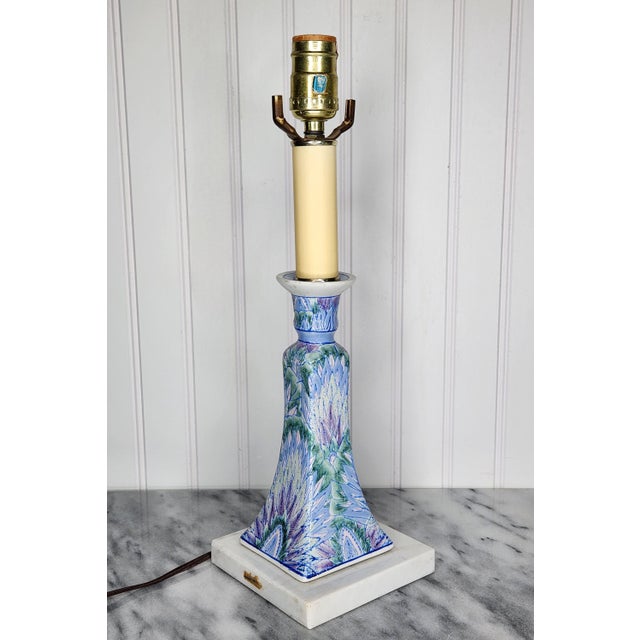 1970s Vintage Italian Ceramic Table Lamp | Chinoiserie Feather & Bok Choy Leaf Pattern | Pastel Blue Green Purple Candlestick Accent Lamp For Sale - Image 5 of 16