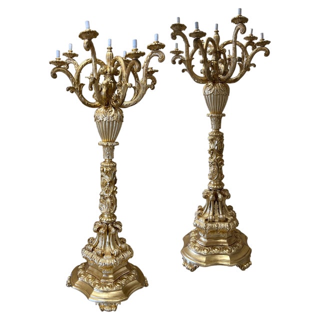 Monumental Carved Wood Candleholders, Set of 2 For Sale