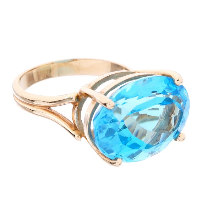 14k Gold Oval Blue Topaz Cocktail Ring For Sale In Tampa - Image 6 of 8