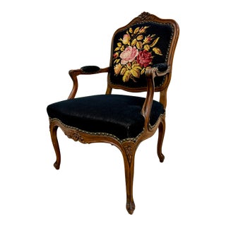Vintage Louis XV Style Walnut Needlepoint Tapestry Fauteuil Nailhead Armchair For Sale