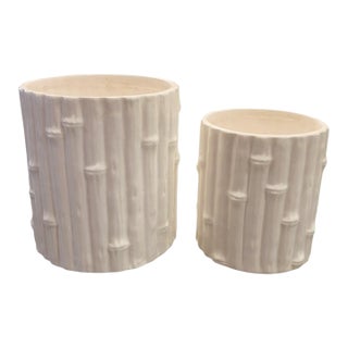 Vintage Ceramic Faux Bamboo White Regency Style Planters Cache Pots- A Pair For Sale