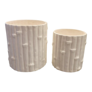 Vintage Ceramic Faux Bamboo White Regency Style Planters Cache Pots- A Pair