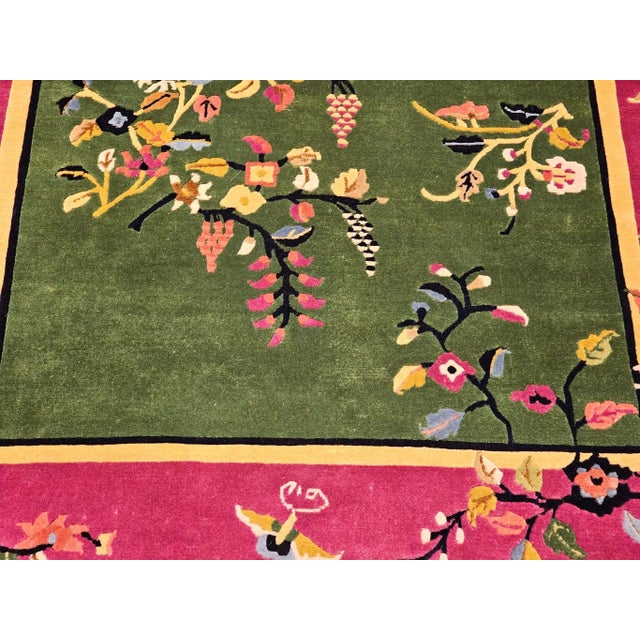 Vintage Chinese Art Deco Area Rug, Floral Design, Sage Green & Purple For Sale - Image 10 of 12