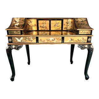Late 20th Century Contemporary Classic Carlton House Chinoiserie Desk Gold Leaf Black Lacquer Red Velvet Lined Drawers For Sale