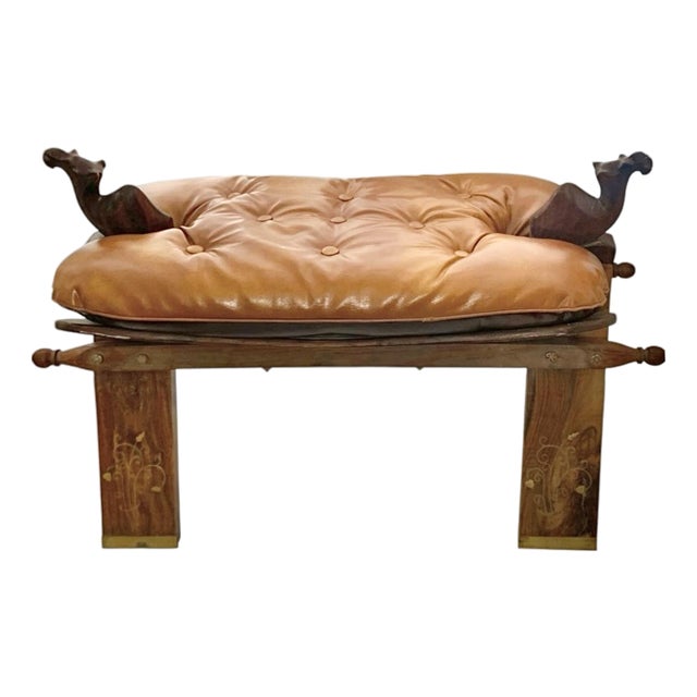 Late 20th Century Ottoman Leather Cushion on Wood Stand Camel Saddle Stool Vintage Egyptian Decor For Sale