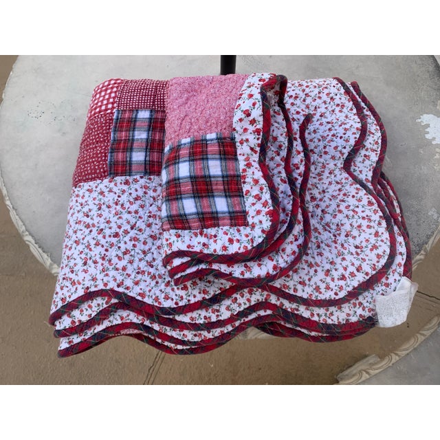 Red Vintage 1994 Rustic Floral & Gingham Patchwork Twin Size Quilt & Sham For Sale - Image 8 of 12