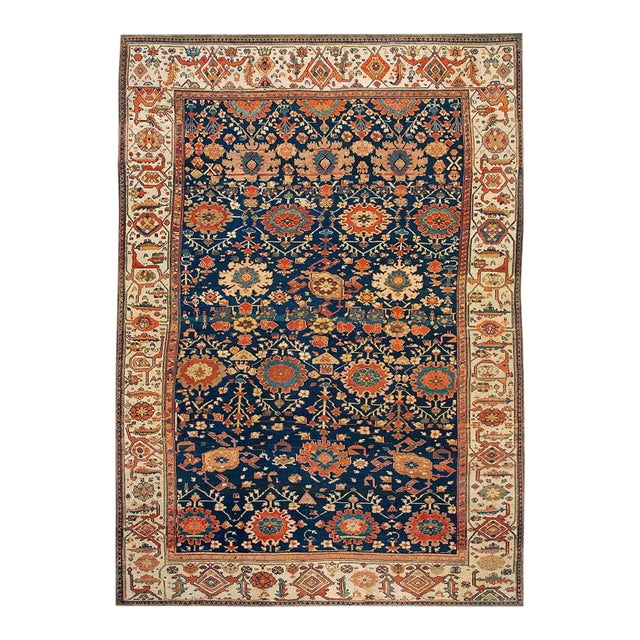 1880s Blue Navy Harshang Persian Bibikabad Rug 10'7" X 14'9" Handknotted Wool Carpet For Sale