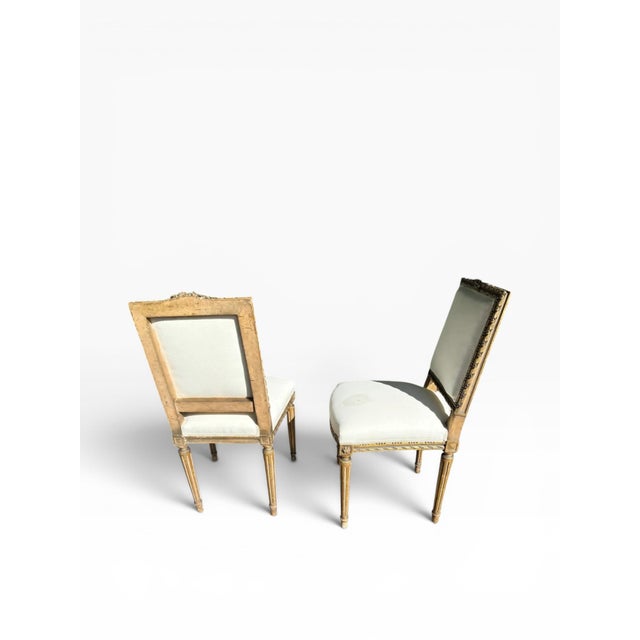 Pair of Mid-20th Century Louis XVI Style Giltwood Side Chairs With Cream Linen Upholstery For Sale In Boston - Image 6 of 16