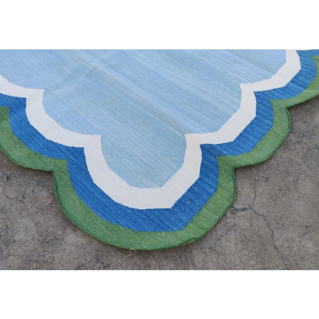 Not Yet Made - Made To Order Not Yet Made - Made To Order Handmade Cotton Vegetable Dyed Scalloped Edge Rug Sky Blue With Cream Blue and Forest Green Border - 6'x9' For Sale - Image 5 of 11
