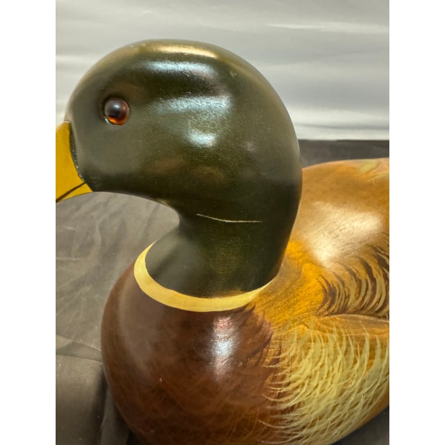 1980s Wooden Bird Factory Mallard Drake Duck Decoy Hand Carved 1986 P. Korman Signed For Sale - Image 5 of 10