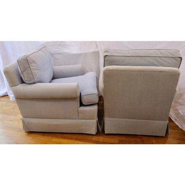 Lee Industries English Club Roll Arm Chairs - A Pair. The upholstery is light blue gingham linen.