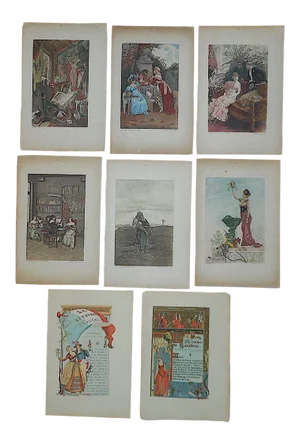 Antique 19th Century Engravings-Romantic Scenes-Hand Color-France-Set of 8
