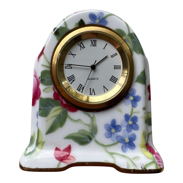 1980s Floral Porcelain Miniature Mantel Clock With Gold Details For Sale
