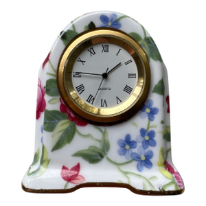 1980s Floral Porcelain Miniature Mantel Clock With Gold Details