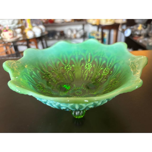 Green Vintage Northwood Pearl Flower Green Opalescent Bowl - Lightly Uv Reactive For Sale - Image 8 of 8