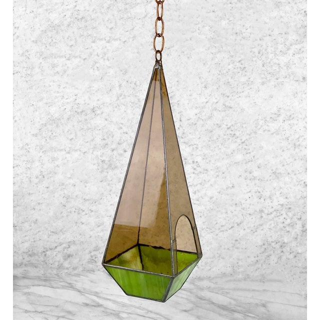 Arts & Crafts Vintage Arts & Crafts Slag Glass Triangular Hanging Terrarium For Sale - Image 3 of 9