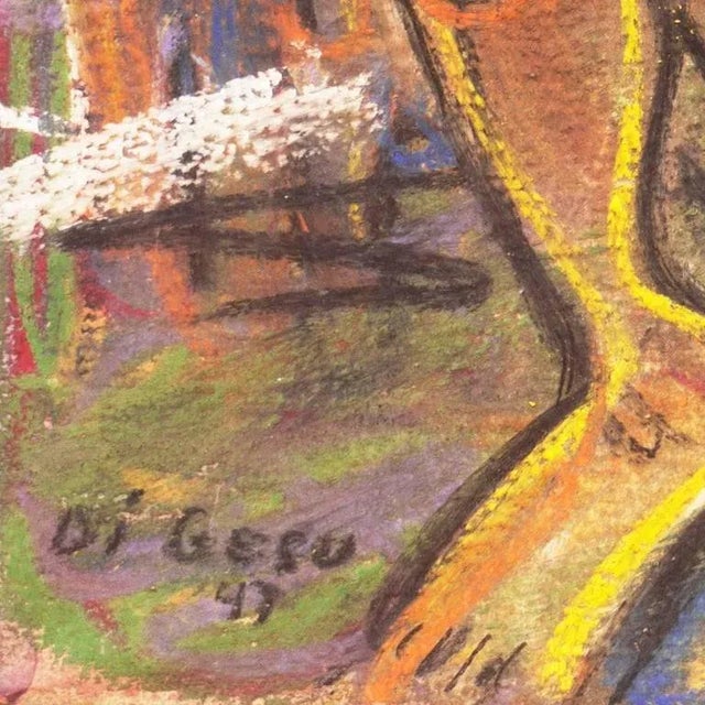 Pastel figurative showing a young woman in a cobalt dress seated in an olive green chair and holding a flower, beside a...