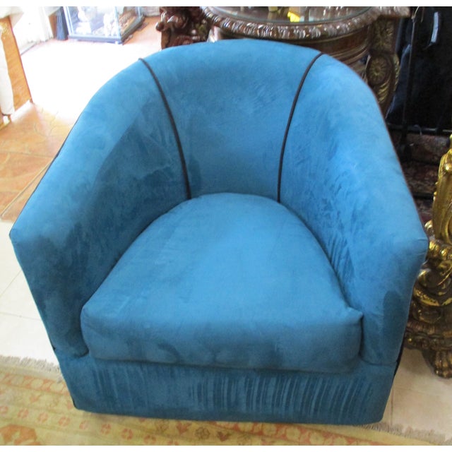 Mid Century Modern Blue And Striped Swivel Club Lounge Chairs And Ottomans 4 Pieces Chairish
