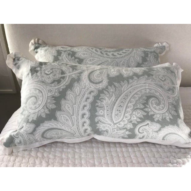 Paisley Designer Linen Pillows With Pleated Flange Border in Grayish Green and White - Set of 2 For Sale - Image 4 of 9