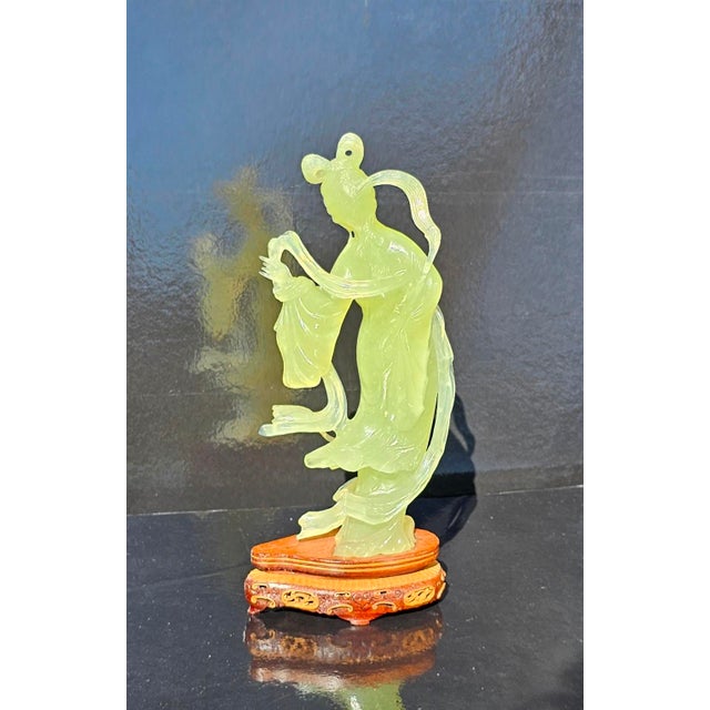 Chinese Mid 20th Century Chinese Apple Green Jade Carving Figurine of Young Woman With Wooden Stand For Sale - Image 3 of 5