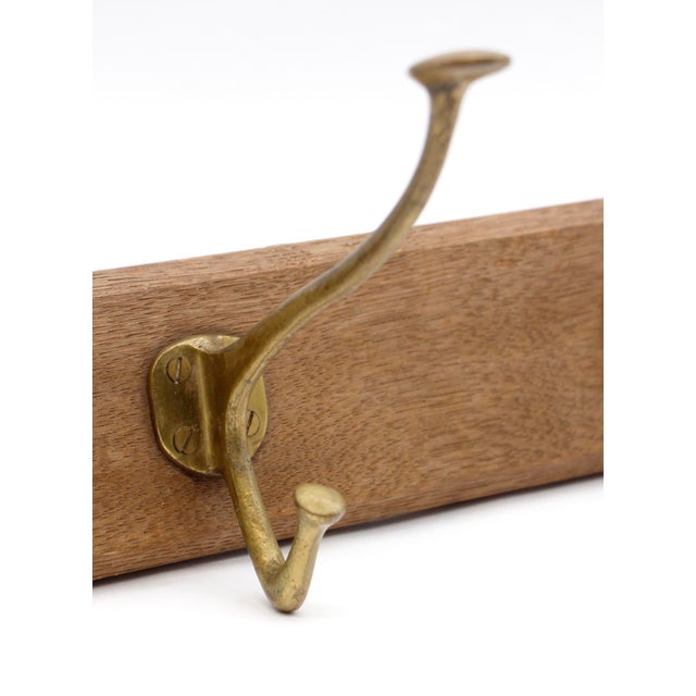 European Vintage Brass Hook Rack on Wooden Plank For Sale - Image 4 of 10