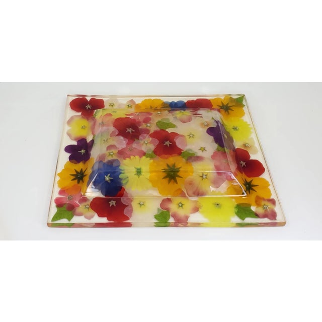Textile Lucite Tray or Bowl Dyed Silk Flowers For Sale - Image 7 of 10