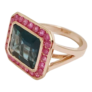 Rose Gold Bezel Set Dark Blue Topaz with Surrounding Pink Sapphire Ring